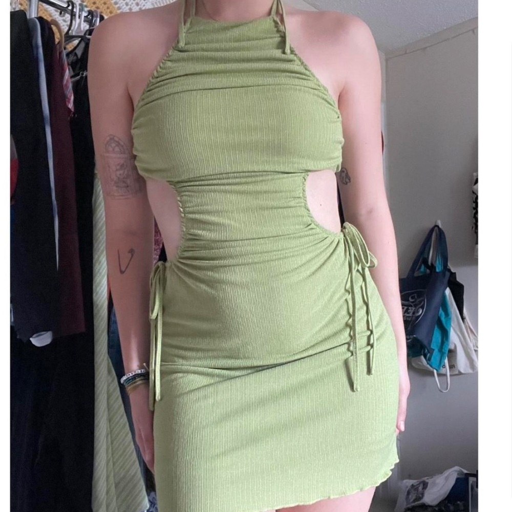 EUC Cute Lime Green Satin Cutout Halter Dress. Size Small
